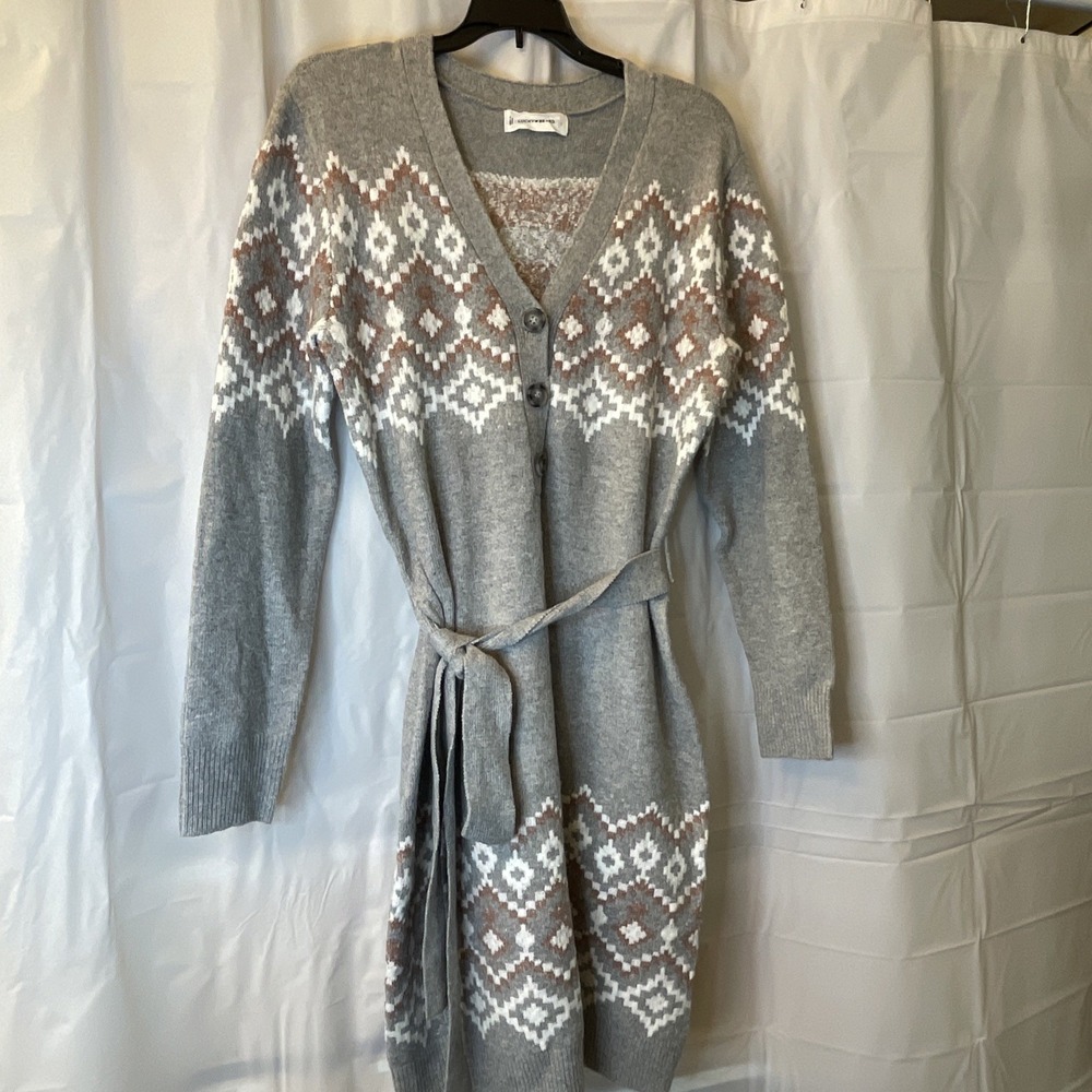Lucky Brand Dress Women Large‎ Gray Pink Fair Isle Nordic Sweater Knit Tie Boho - Picture 4 of 13